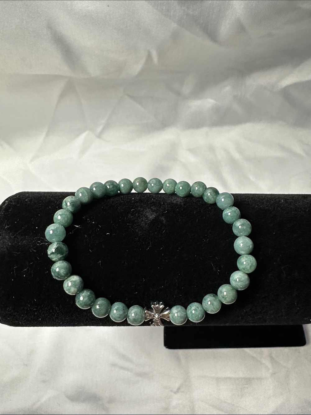 Green Beaded Stretch Bracelet with Silver Cross Accent